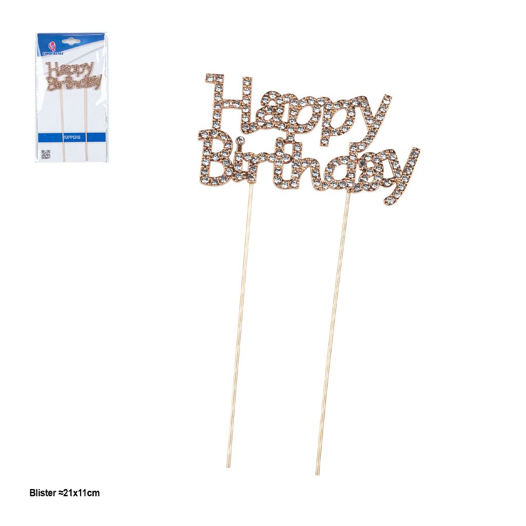 Topper Metal Happy Birthday con Strass 16 x 10 cm