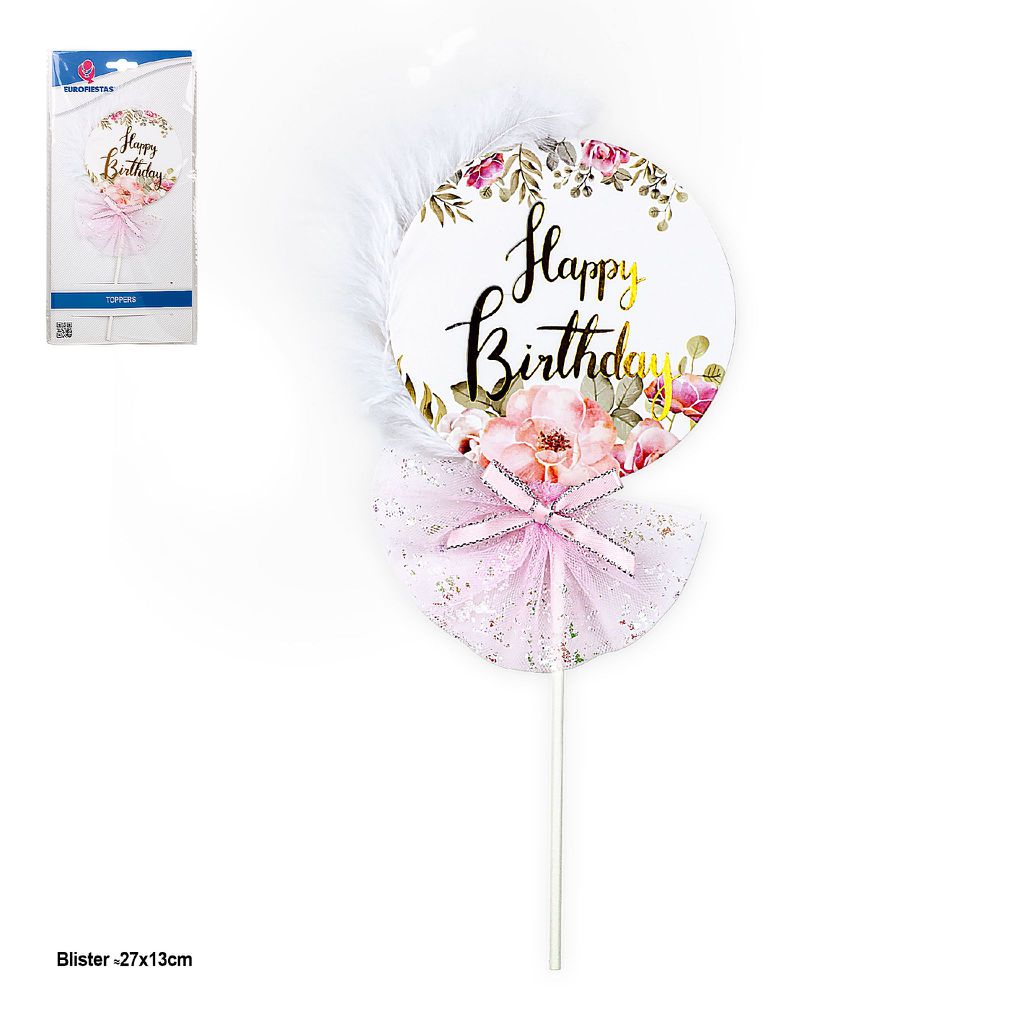 Topper Happy Birthday Floral con Plumas y Tul Rosa
