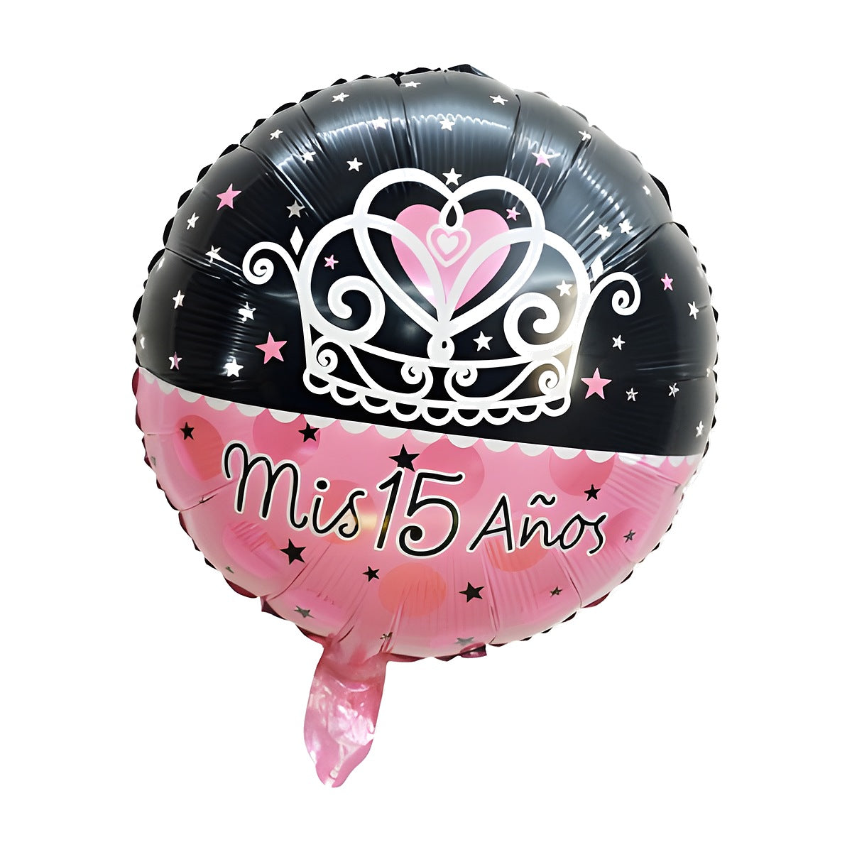 Globo Foil Redondo Mis 15 Años Rosa y Negro con Corona 45 cm