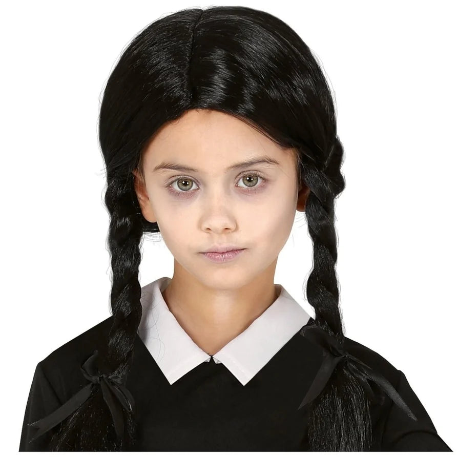 Peluca Negra con 2 Trenzas para Halloween