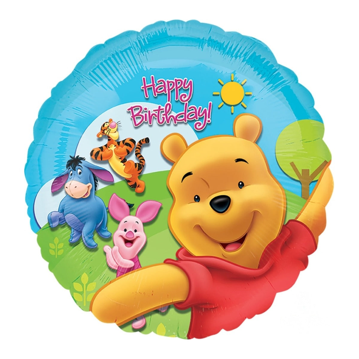Globo Foil Winnie The Pooh y Amigos Happy Birthday 45 cm sobre fondo blanco