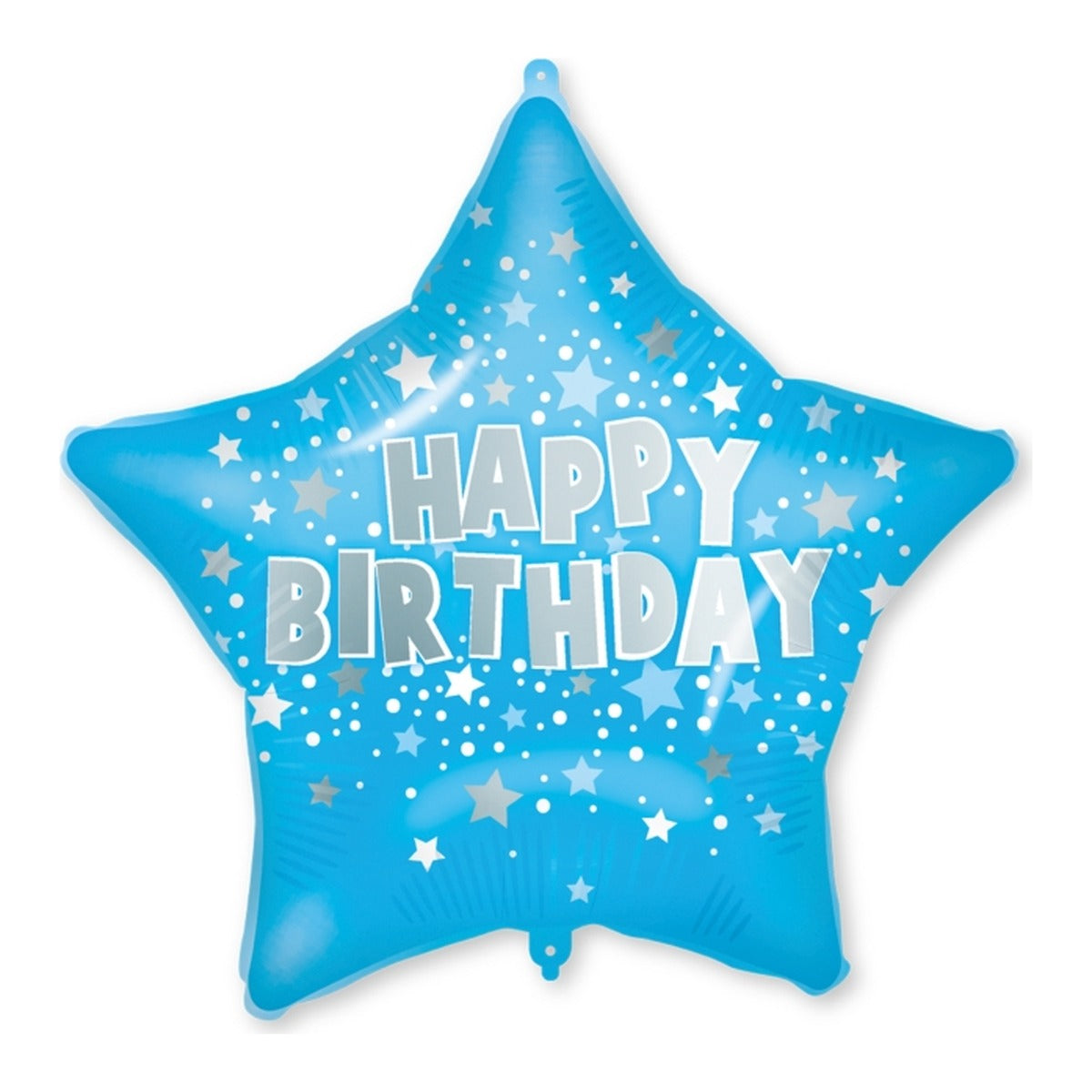 Globo Foil Estrella Azul Happy Birthday con Cinta y Peso 46 cm sobre fondo blanco