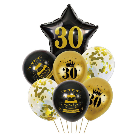 Set de Globos Estrella Feliz Cumpleaños Negro y Oro 18, 30, 40 y 50 Años 7 uds - 30