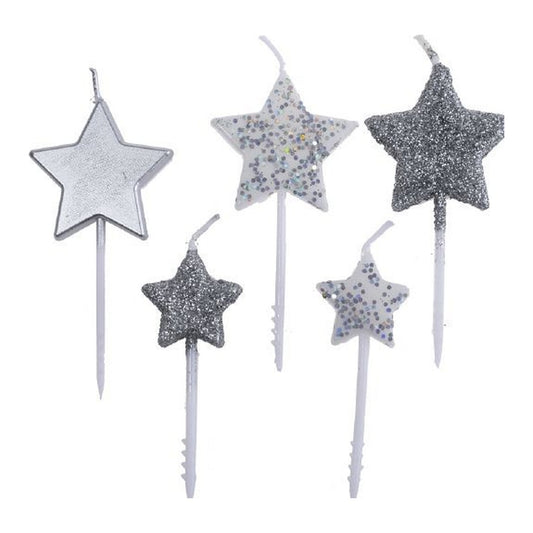 Vela Decorativa Estrella Dorada y Plateada Combinada 7cm/6cm 5uds - Plateado