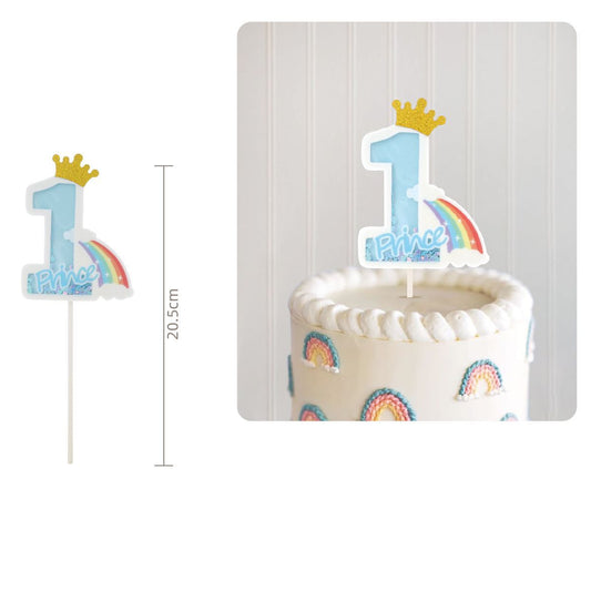 Topper Tarta Número 1 Arcoíris con Corona 20,5 cm - Azul