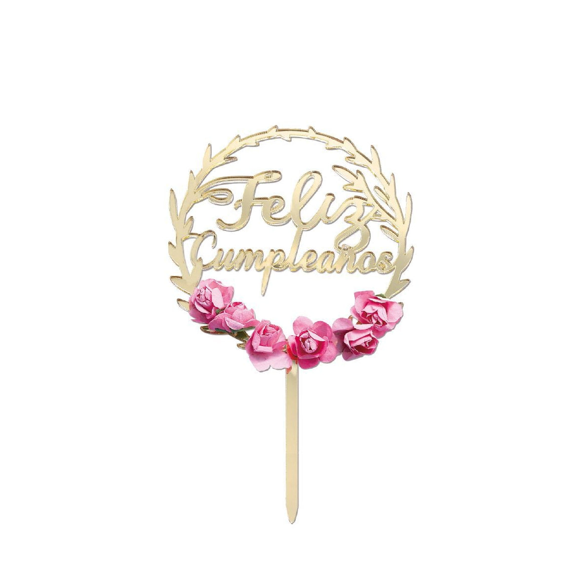 Topper Tarta Acrílico Feliz Cumpleaños Corona de Flores Dorado 17 cm