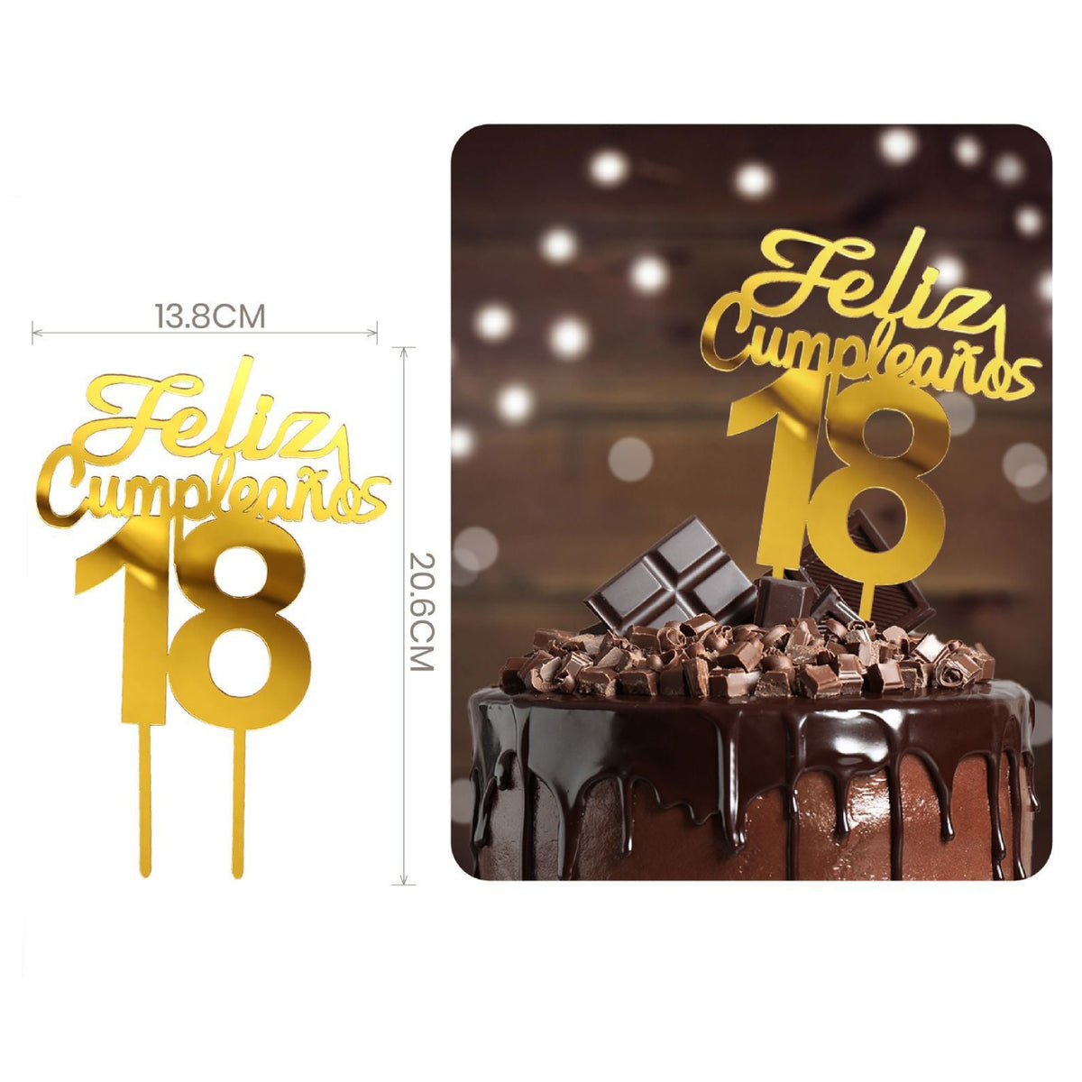Topper Tarta Acrílico Feliz Cumpleaños 18 Dorado 20,6 cm