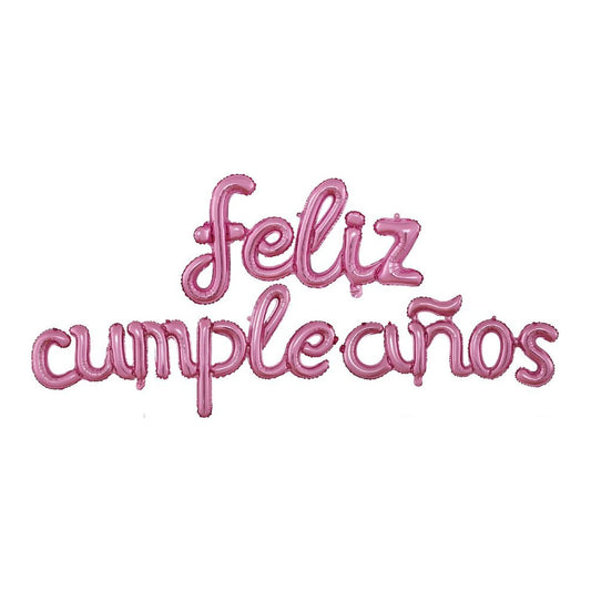 Globos Foil Feliz Cumpleaños Letras Cursivas Enlazadas 265 x 50 cm 3 piezas - Rosa Fucsia