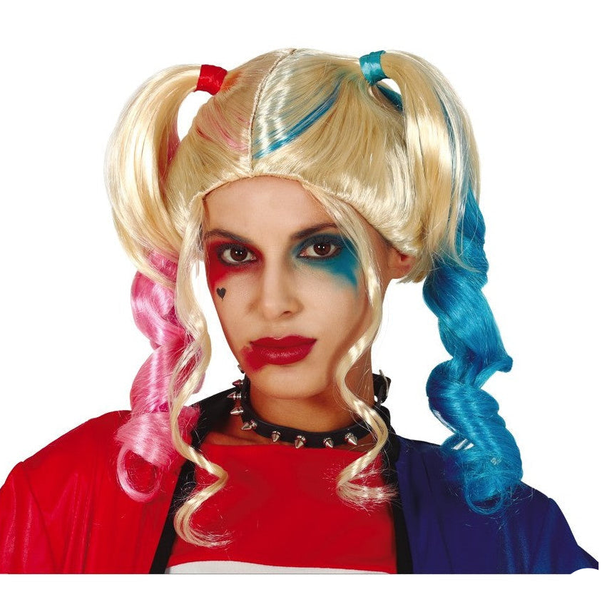 Peluca Adulto Dos Coletas Azul y Rosa con Base Platino