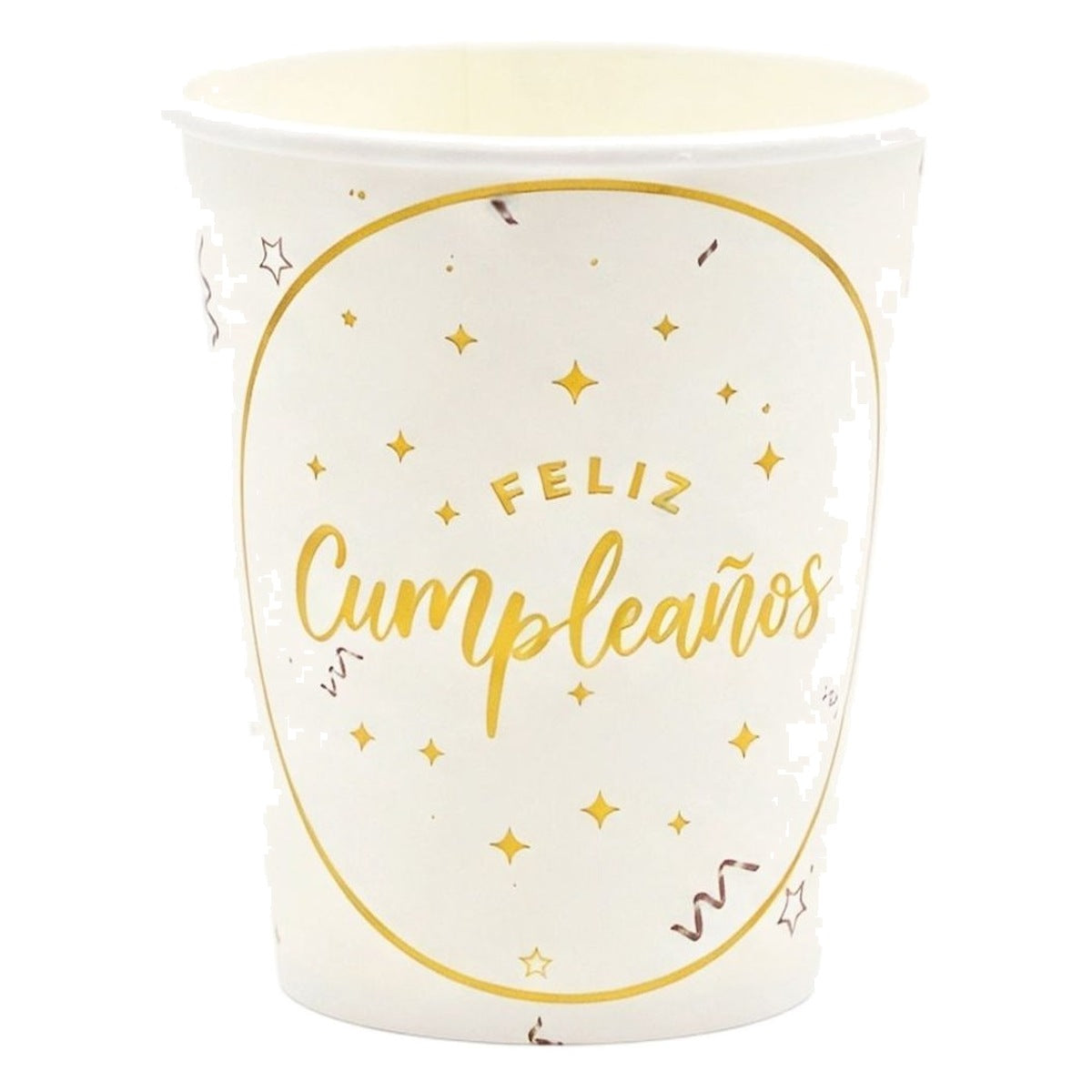 Vasos Papel Feliz Cumpleaños Blanco y Oro 250 ml 6 uds