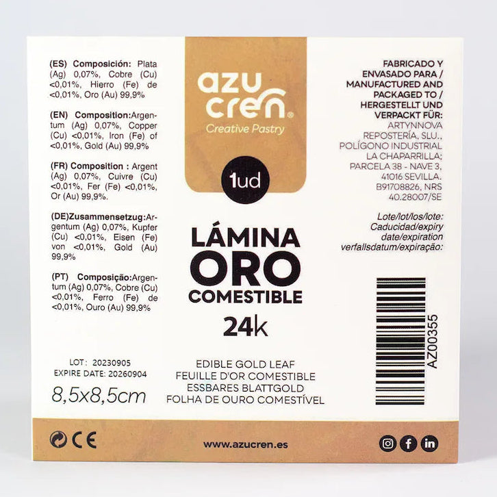 Lámina de Oro Comestible 24K Azucren – 8x8 cm