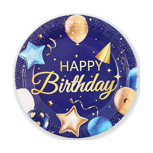 Platos Cartón Happy Birthday Azul Marino y Oro 6 uds - 18cm y 23cm 18CM
