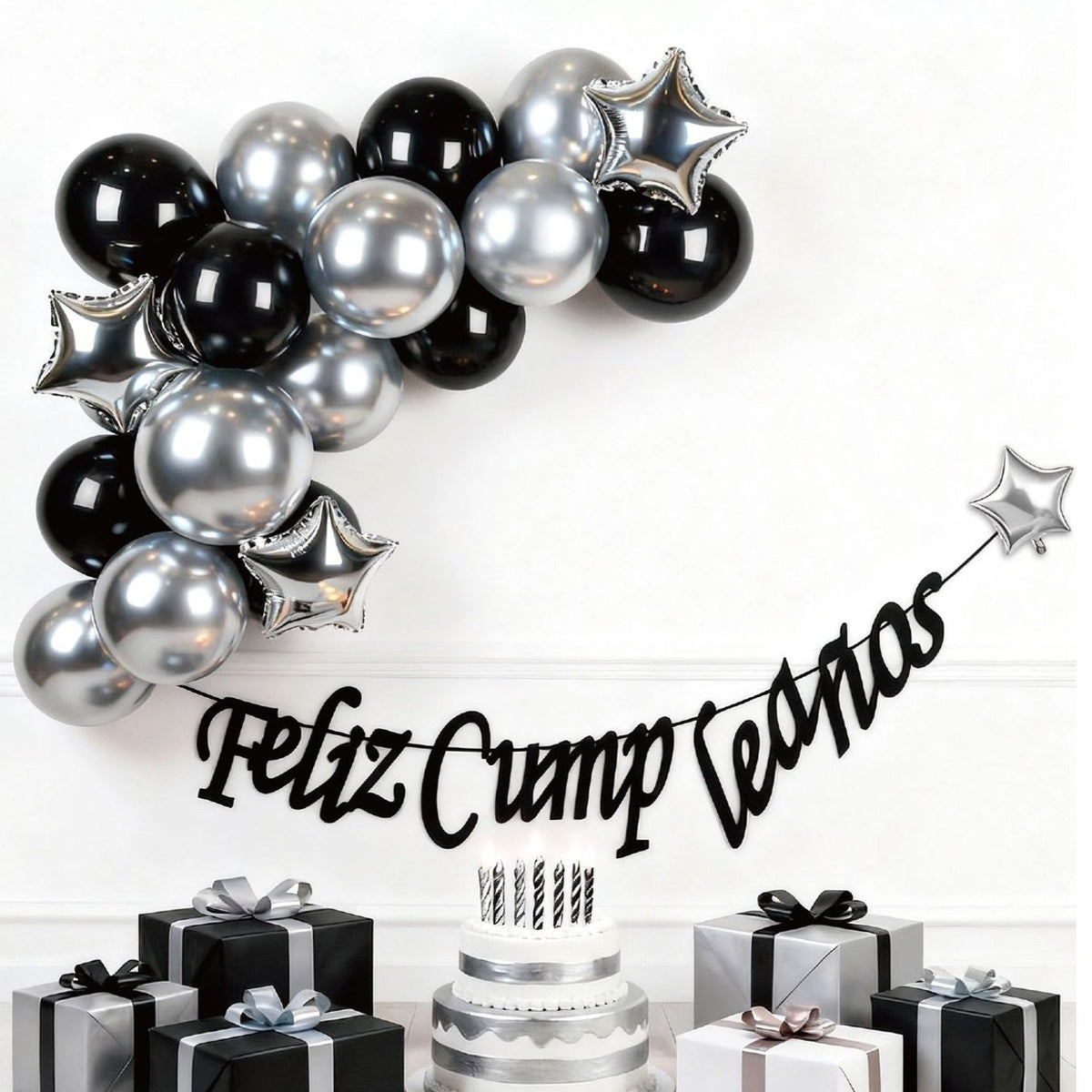 Set Guirnalda de Globos con Banner Feliz Cumpleaños 21 piezas - Negro y plata