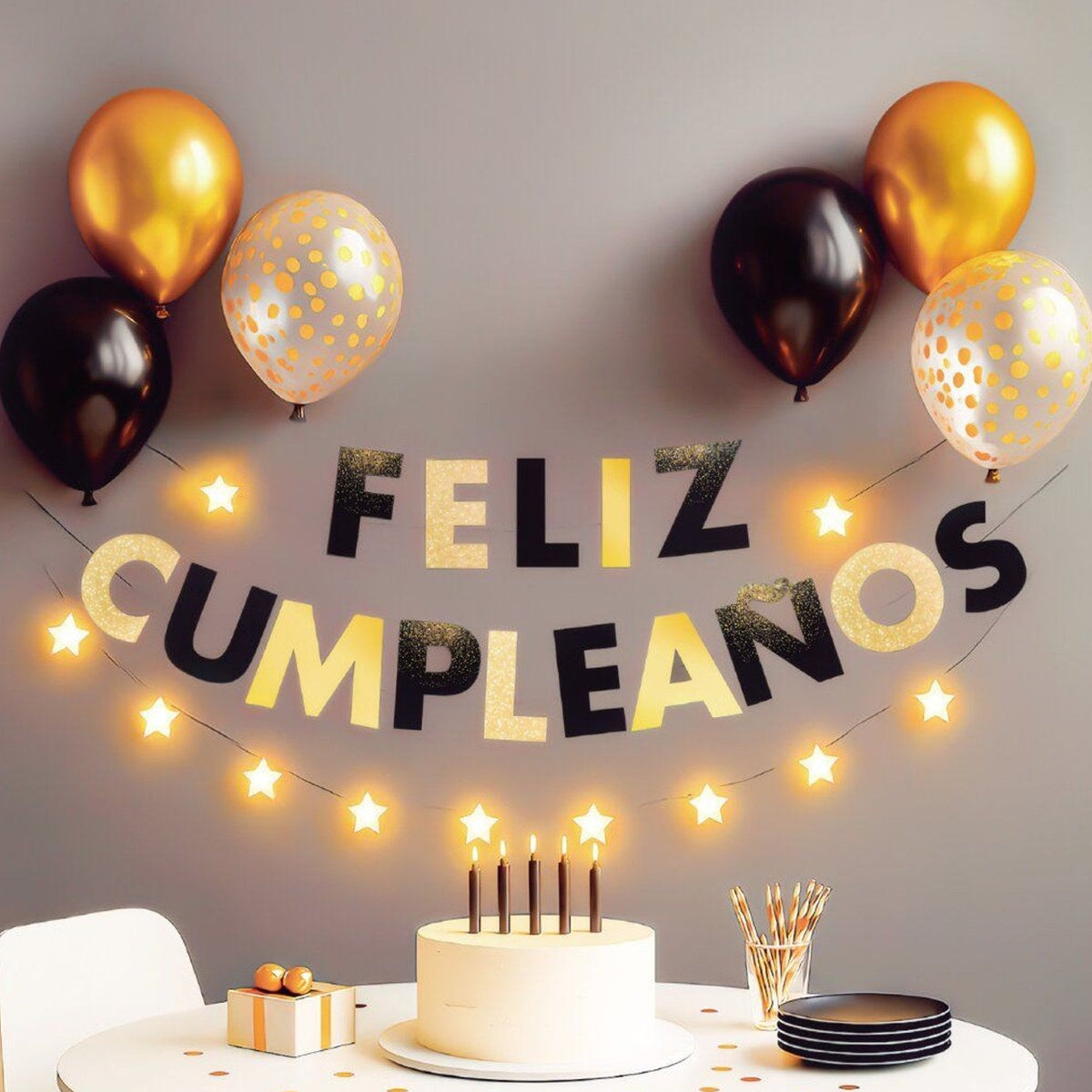 Set Guirnalda Feliz Cumpleaños con Luz y Globos Negro y Oro 8 piezas
