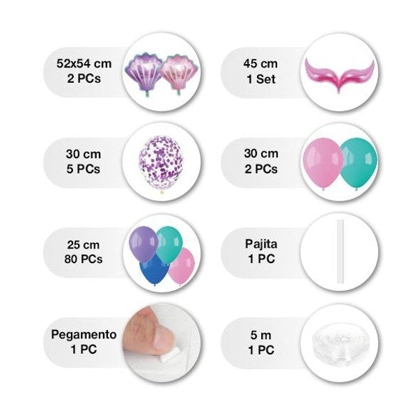 Set para montar un arco de globos con temática de sirena en lila, rosa, turquesa y azul, con globos foil de concha, cola de sirena y globos de confeti