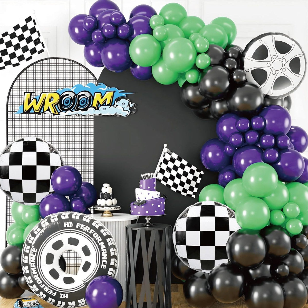 Set Arco de Globos Carreras Wroom Morado, Verde y Negro 83 piezas