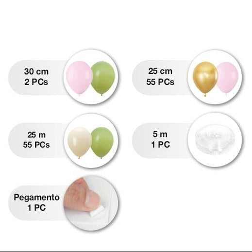 Set para montar un gran arco de globos en verde salvia, rosa, crema y oro metalizado, inspirado en el mundo de las hadas y el jardín encantado