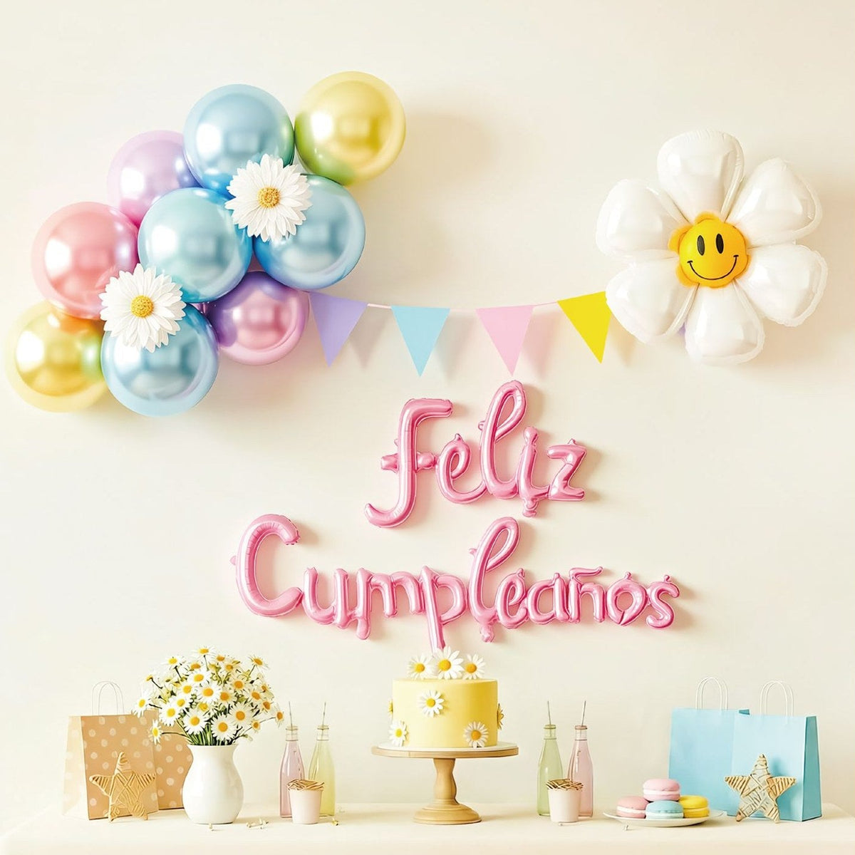 Set Guirnalda y Globos Feliz Cumpleaños Margarita Pastel 14 piezas