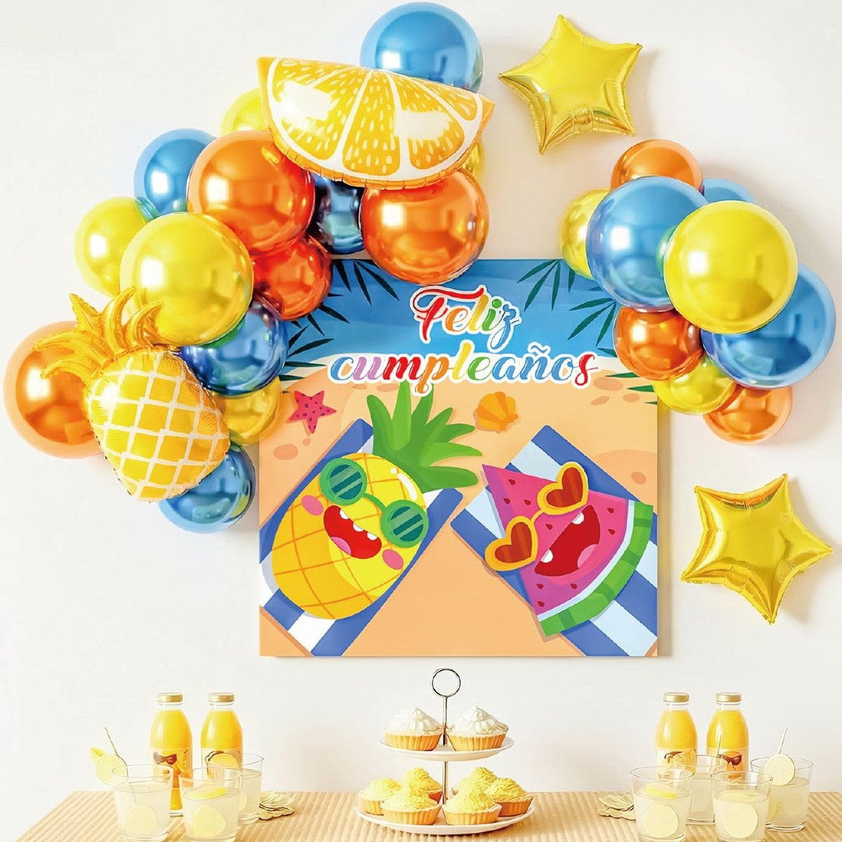 Set Decoración Feliz Cumpleaños Frutas Tropicales con Póster 68 x 68 cm 28 piezas