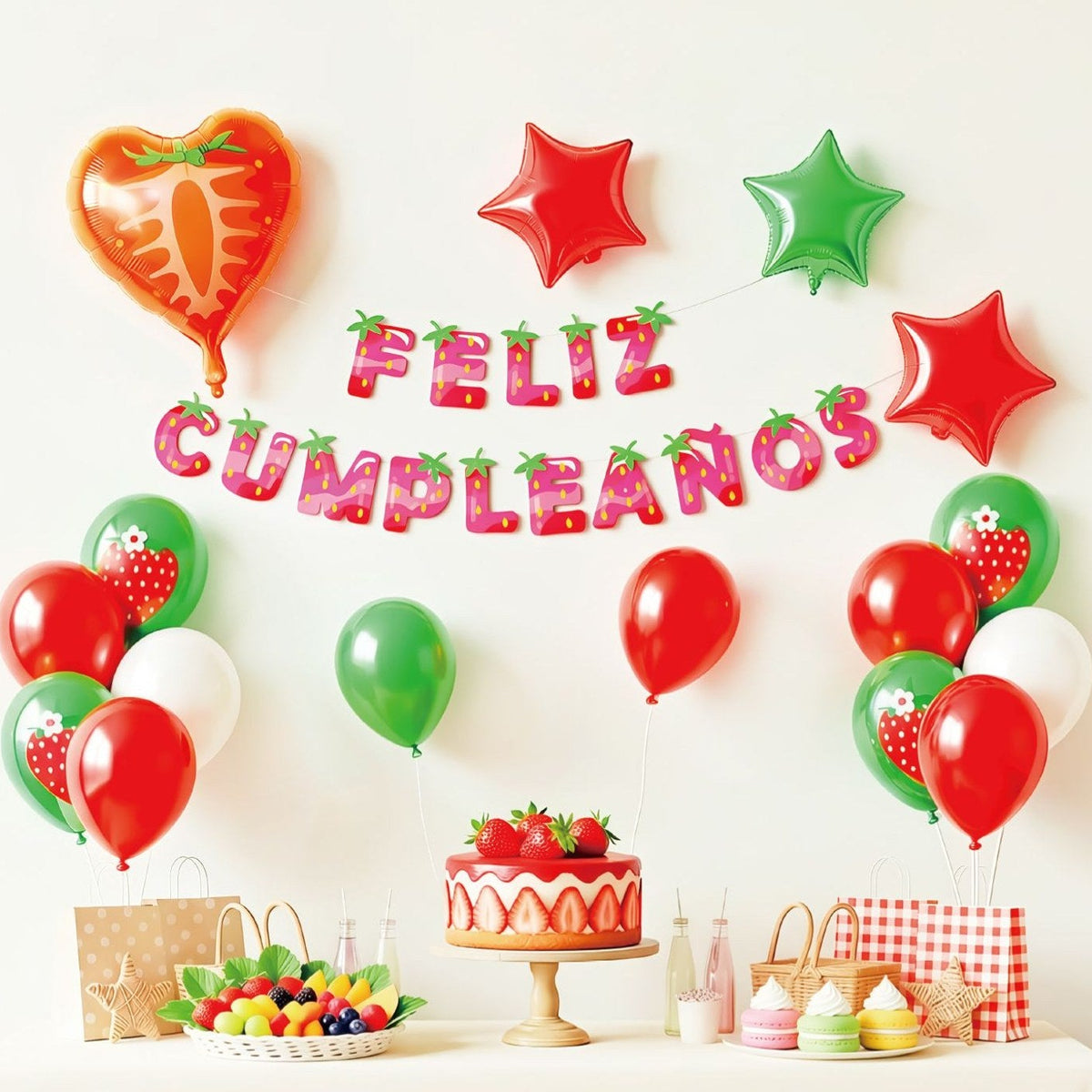 Set Guirnalda y Globos Feliz Cumpleaños Fresa 17 piezas