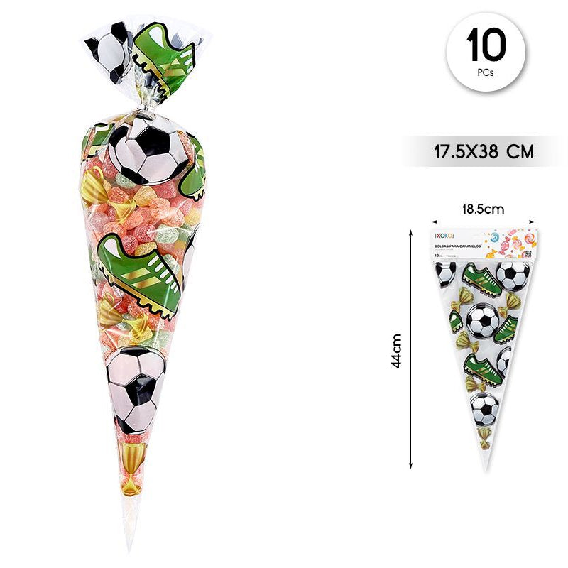 Bolsas Cono Fútbol Balones, Botas y Copas 17,5 x 38 cm 10 uds (medidas)