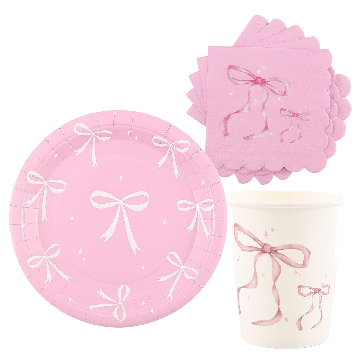 Set Vajilla Lazos Rosa: Platos 6 uds, Servilletas 12 uds y Vasos 12 uds