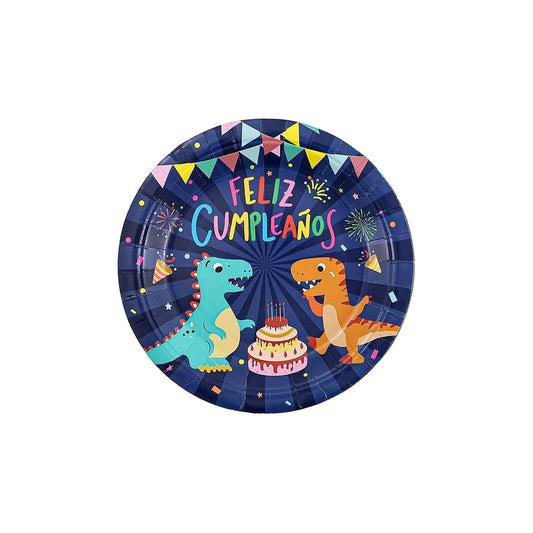 Set Vajilla Dinosaurios Feliz Cumpleaños Azul Marino: Platos 6 uds, Servilletas 12 uds y Vasos 12 uds - Platos 18 cm