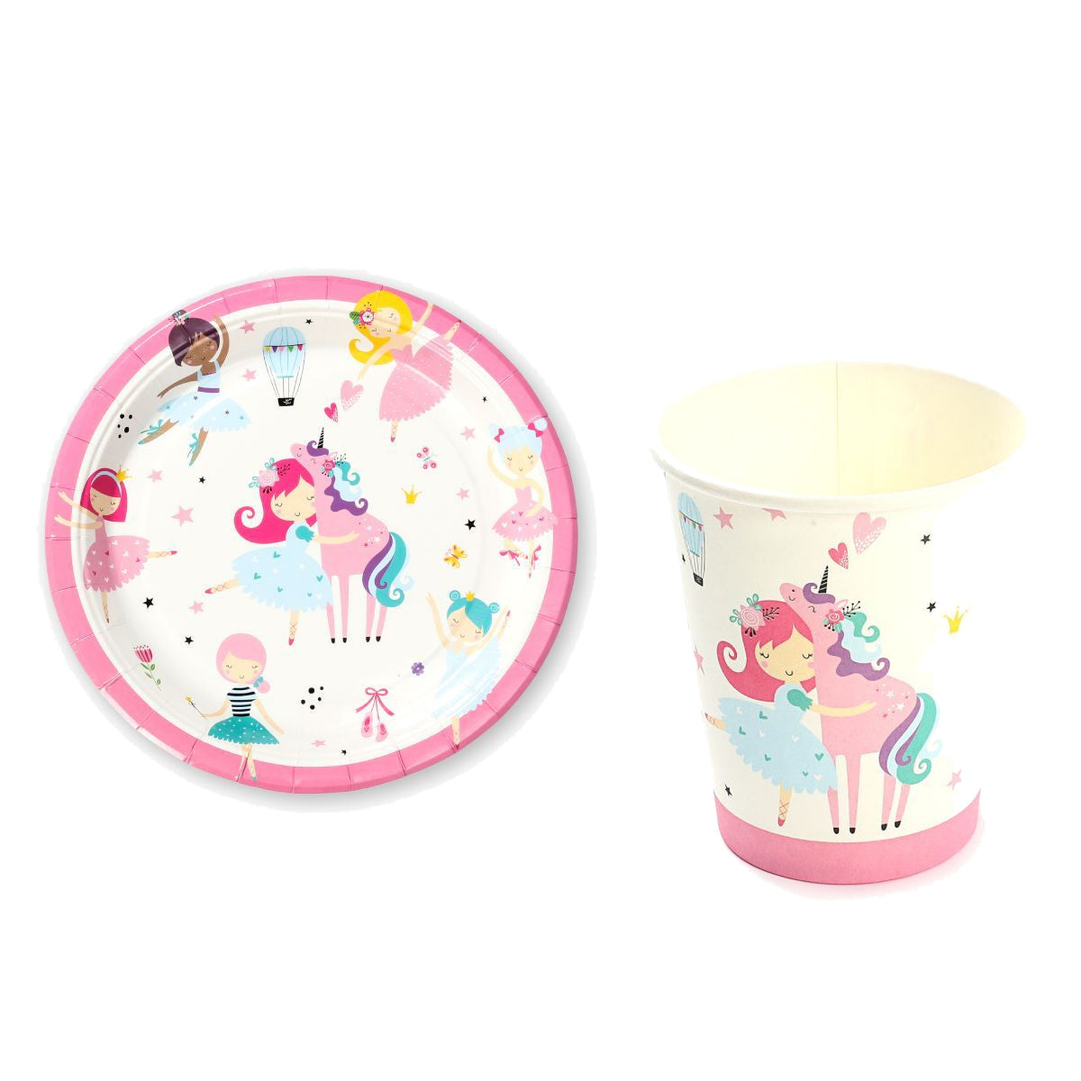 Set Vajilla Bailarinas y Unicornio: Platos 6 uds y Vasos 12 uds