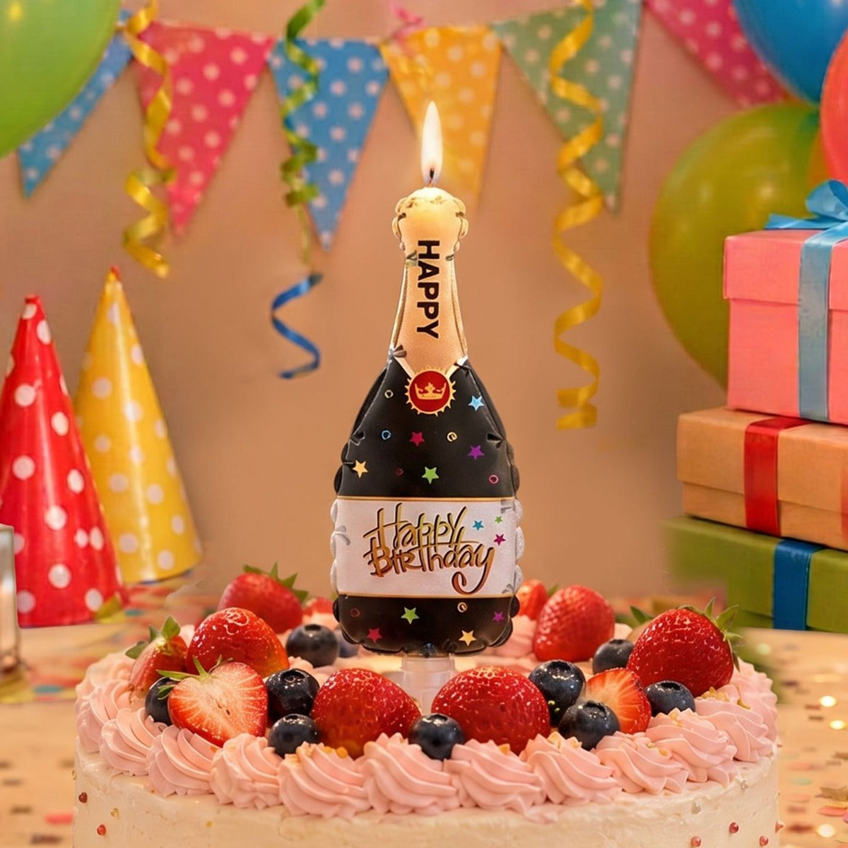 Vela Botella de Champán Happy Birthday 10,7 x 12 cm
