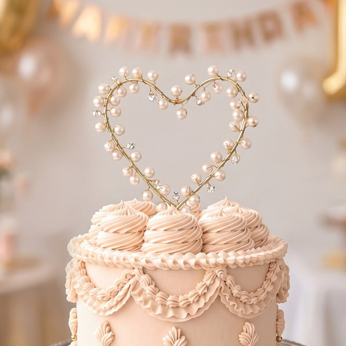 Topper Tarta Corazón Perlas Dorado 12 x 18 cm