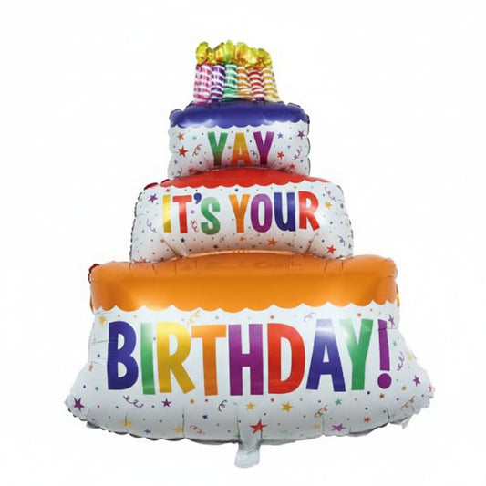 Globo de foil con forma de tarta de cumpleaños de tres pisos con el mensaje It's Your Birthday, ideal para decorar fiestas