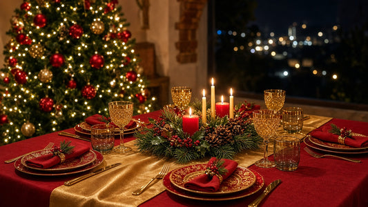 Mesa de Navidad decorada en rojo y dorado junto a un árbol de Navidad iluminado