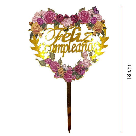 Topper Acrílico Feliz Cumpleaños Flores