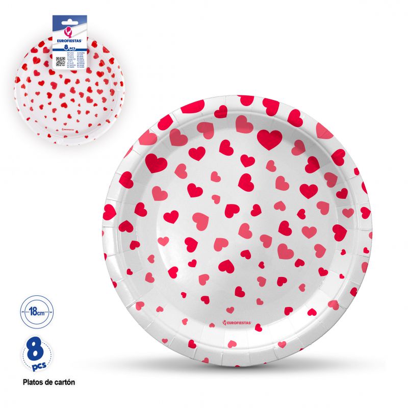Plato Cartón Corazones Lluvia Love 18cm 8 uds