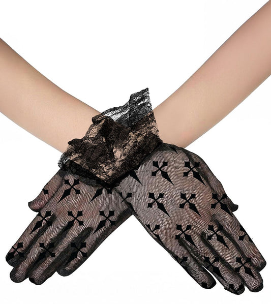 Guantes Encaje Negro con Cruz Disfraz Halloween Gotico Talla Unica