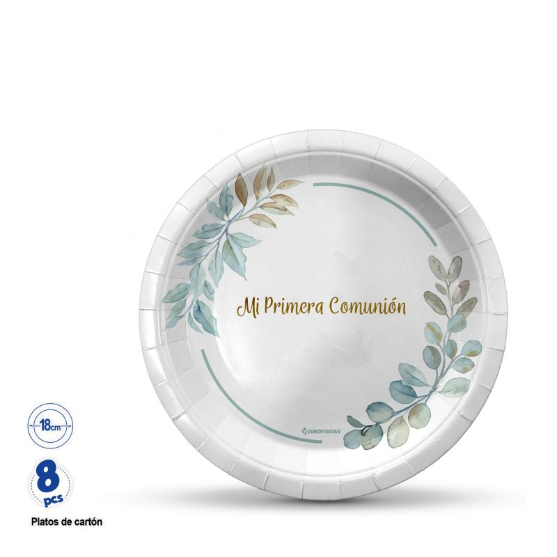 Plato Comunión Marco Redondo Hojas Oro 18cm 8 uds