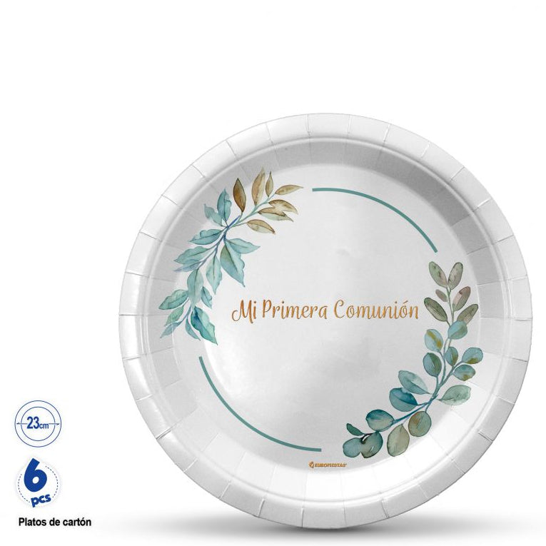 Plato Comunión Marco Redondo Hojas Oro 23cm 6 uds