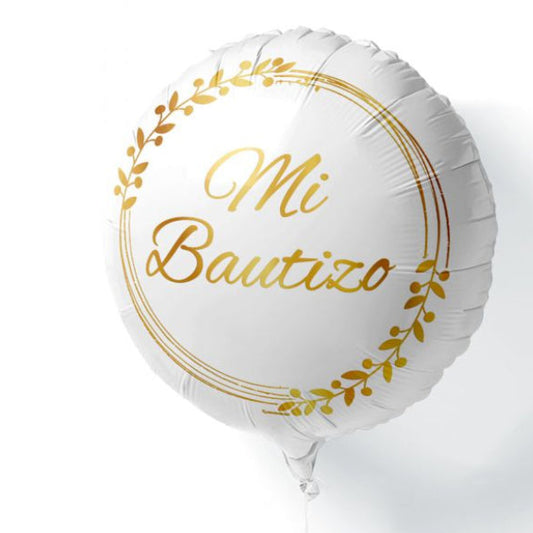 GLOBO FOIL REDONDO BLANCO BAUTIZO ORO HOJAS 45cm