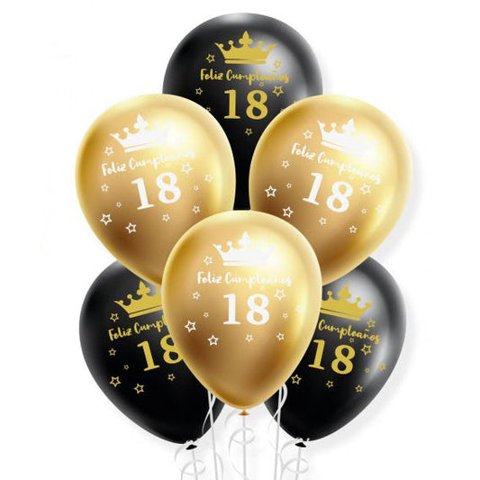 Set de Globos Latex Dorado Cromado y Negro Feliz Cumpleaños 18 30 40 50 60 años 6 uds