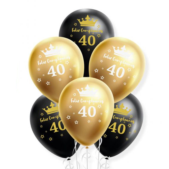 Set de Globos Latex Dorado Cromado y Negro Feliz Cumpleaños 18 30 40 50 60 años 6 uds