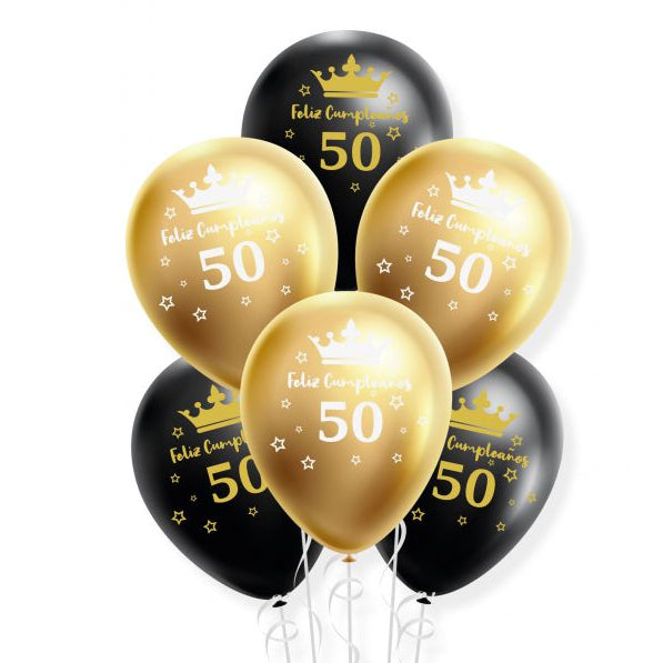 Set de Globos Latex Dorado Cromado y Negro Feliz Cumpleaños 18 30 40 50 60 años 6 uds