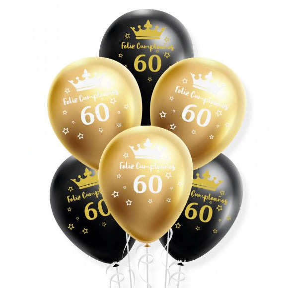 Set de Globos Latex Dorado Cromado y Negro Feliz Cumpleaños 18 30 40 50 60 años 6 uds