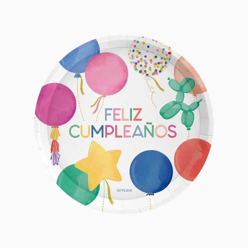 Platos Llanos de Cartón con Globos Feliz Cumpleaños 6uds