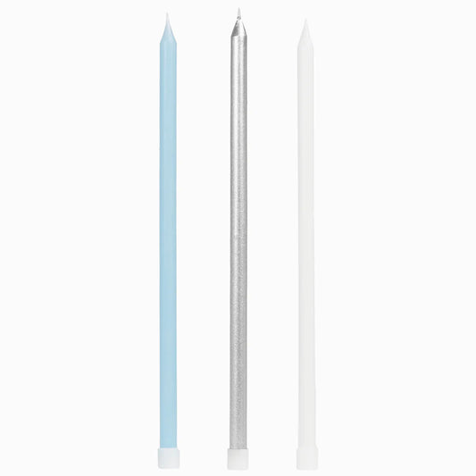 Velas Extralargas Plata Blanco y Azul 12 uds