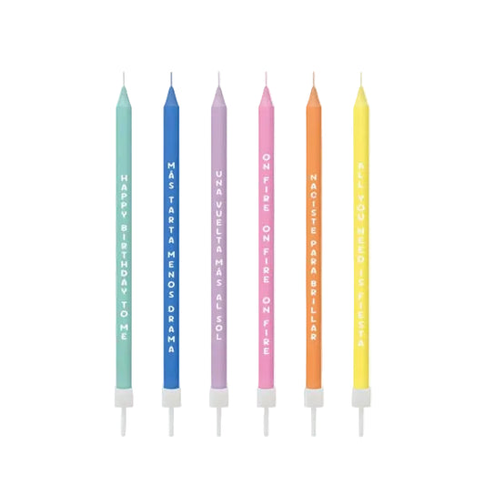 Velas Largas 14,5 cm Multicolor con Mensajes – Pack de 12