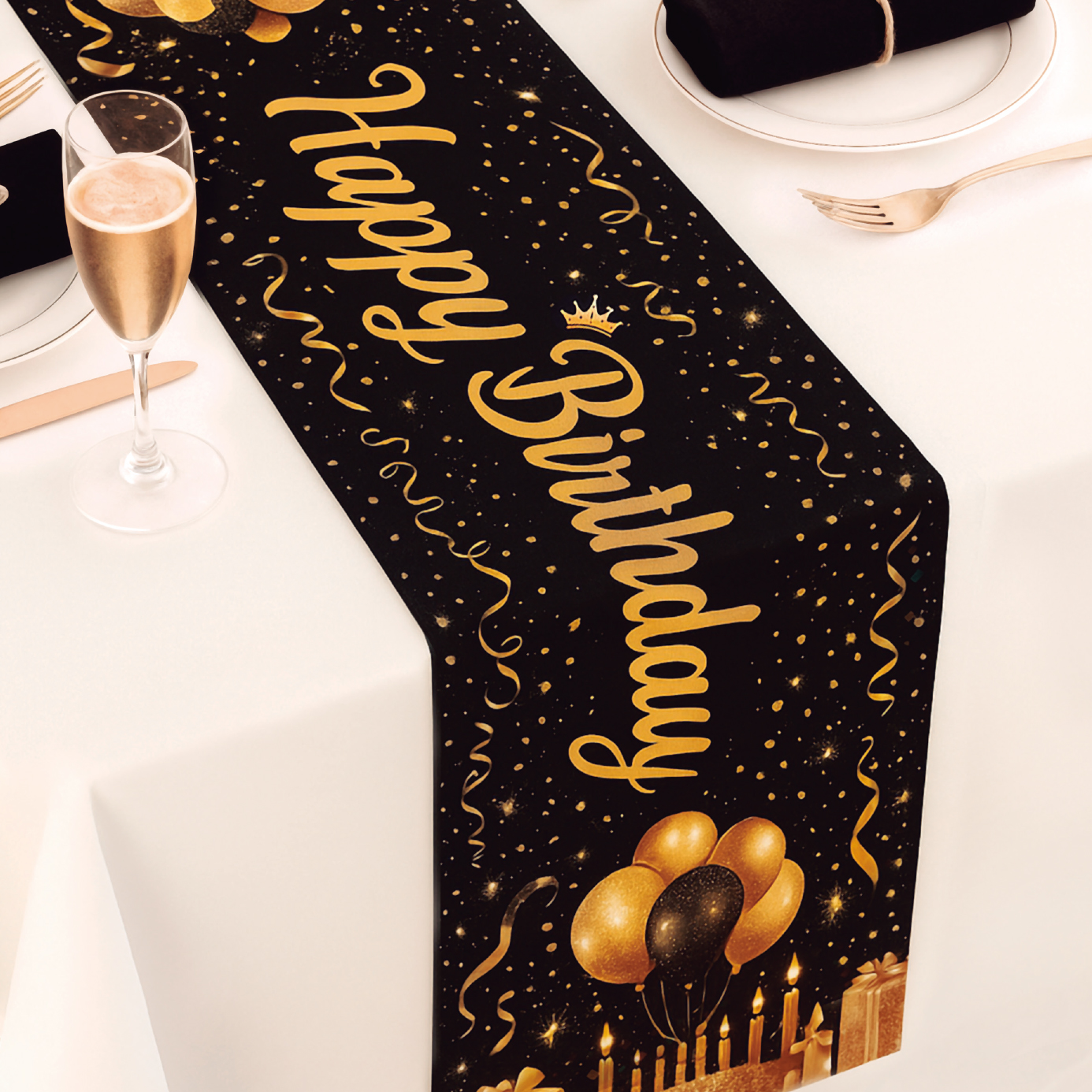 Camino De Mesa Happy Birthday Oro Negro 183 X 33 Cm