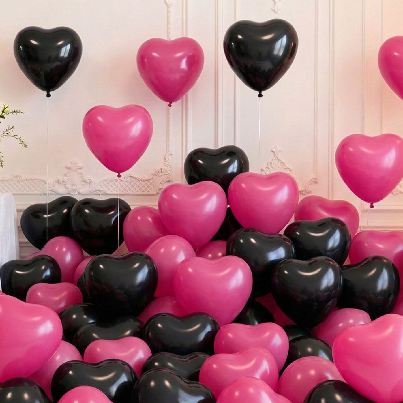 Globos Látex Corazón Fucsia y Negro 25cm 50 uds