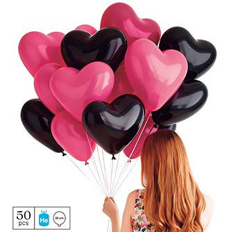 Globos Látex Corazón Fucsia y Negro 25cm 50 uds