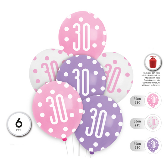 SET 6 Globos Látex con Lunares 30cm Cumpleaños 30 40 50 60 Años