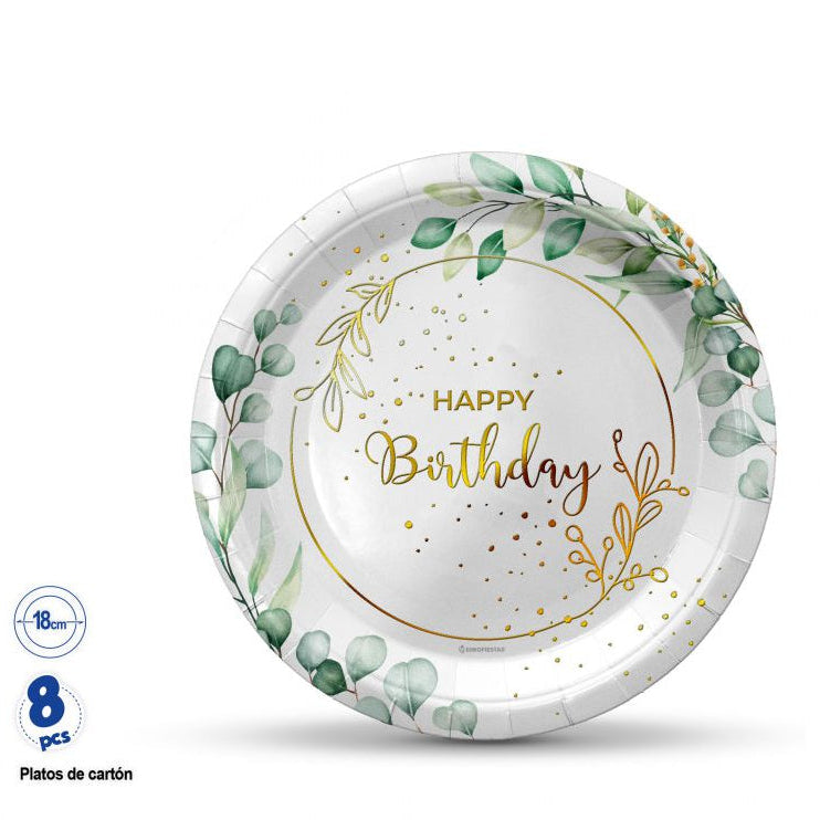 Plato Cartón Happy Birthday Marco Floral con Oro 18cm 8 uds